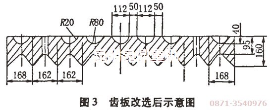 碎石機專家改造后的破石機齒板示意圖